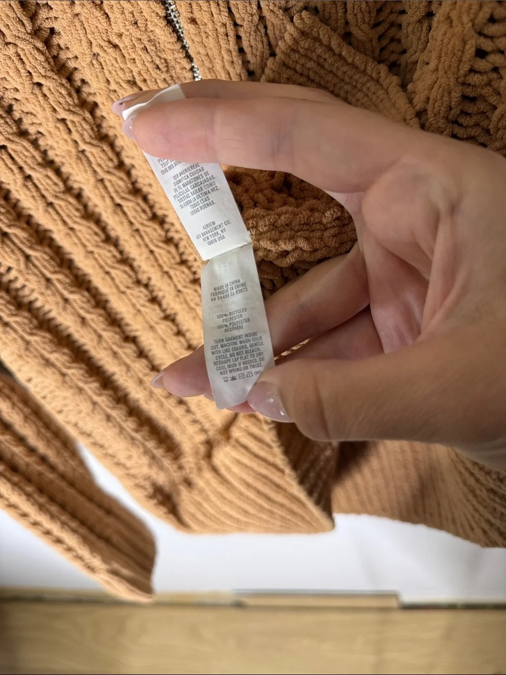 Aerie Chenille Zip-Front Knit Sweater - Camel Brown Size Small - Oversized